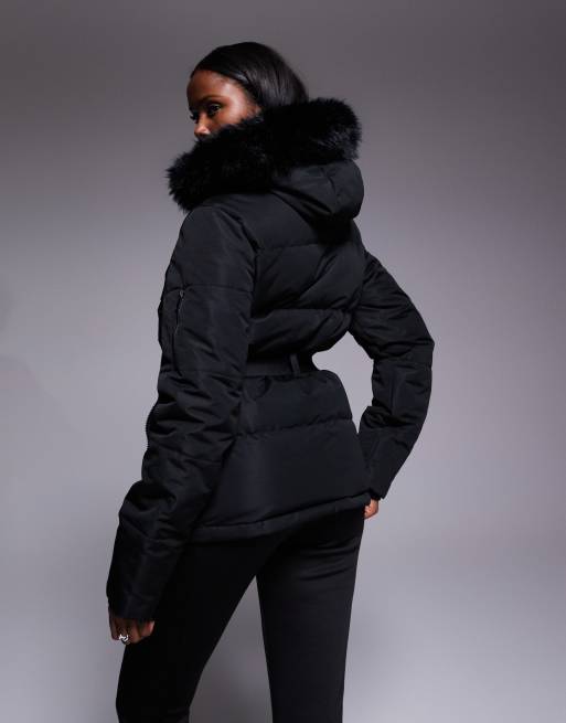 Threadbare - Ski pufferjack met kraag van imitatiebont in zwart, 3 van 4
