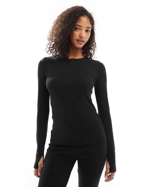 Threadbare Ski ribbed base layer top and leggings set in black