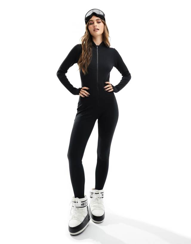 Threadbare - ski ribbed zip through base layer jumpsuit in black