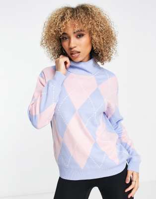 Threadbare Ski roll neck jumper in pink argyle