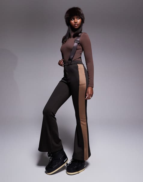 Threadbare Ski salopettes with contrast panels in chocolate brown and camel  - view 1