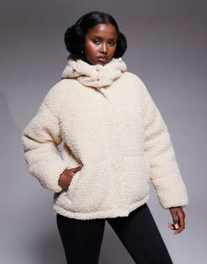 Threadbare Ski short borg puffer jacket with hood in cream