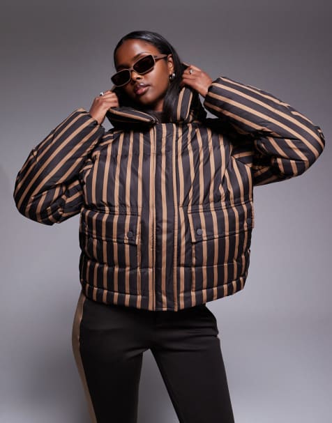 Threadbare Ski stripe puffer coat with hood in brown and camel