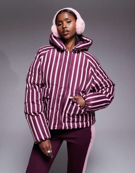 Threadbare Ski stripe puffer coat with hood in burgundy and pink