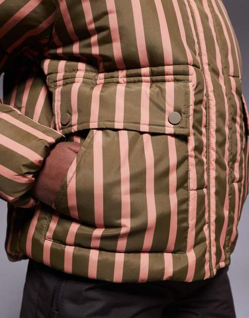 Threadbare Ski stripe puffer coat with hood in green and pink, 3 of 4