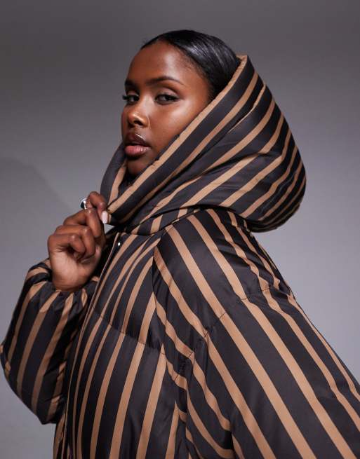 Threadbare Ski striped puffer coat with hood in brown and camel