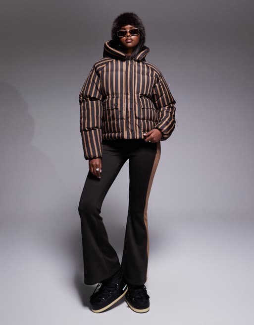 Threadbare Ski striped puffer coat with hood in brown and camel