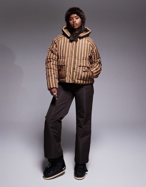 Threadbare Ski striped puffer coat with hood in green and pink