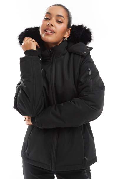 Threadbare – Ski – Svart kappa med skärp och fuskpälskantad huva - view 1