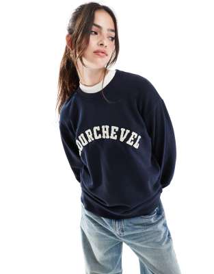 Threadbare - Ski - Sweatshirt in Marineblau mit „Courchevel"-Schriftzug aus Bouclé-Schwarz