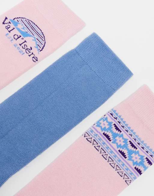 Threadbare – Skidåkning – Rosa mönstrade strumpor, 3-pack, 2 av 4