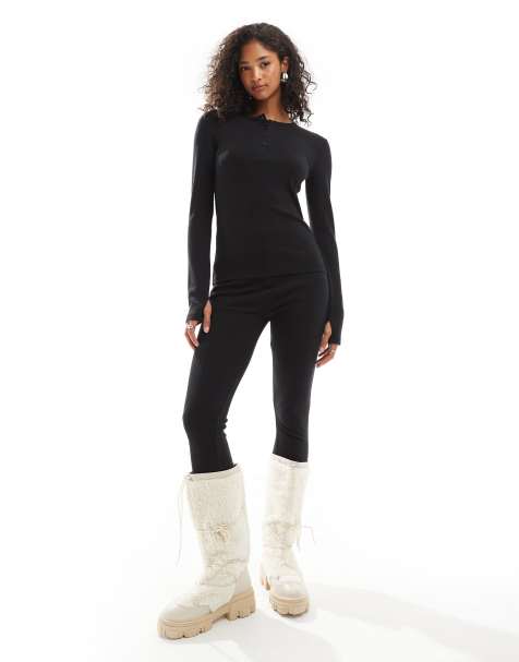 Threadbare – Skidåkning – Svart ribbat underställsset med topp och leggings - view 1