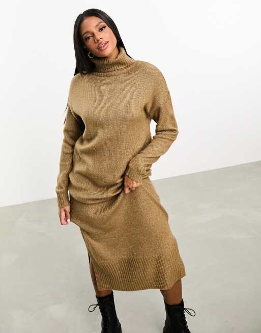 Threadbare Skylar roll neck oversized maxi jumper dress in taupe