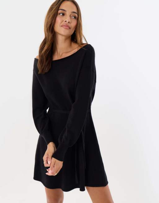 Threadbare Slash neck belted mini jumper dress in black, 3 of 4