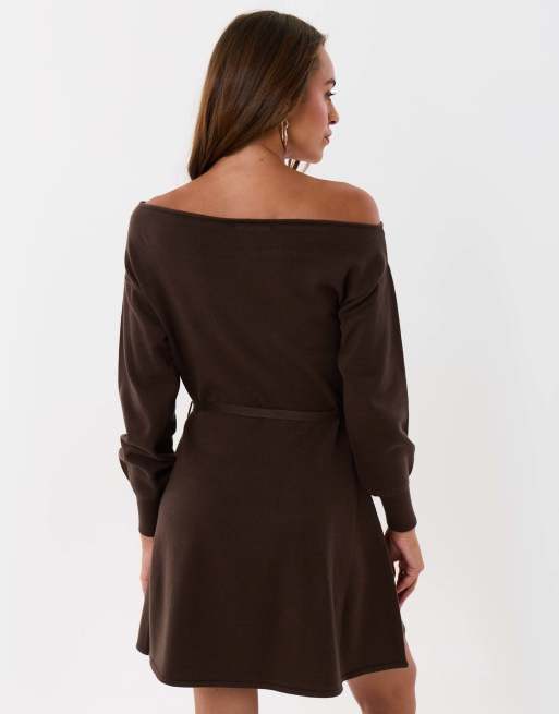 Threadbare Slash neck belted mini jumper dress in chocolate brown, 2 of 5