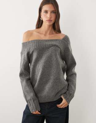 Threadbare Slash Neck Knit Off Shoulder Sweater In Gray