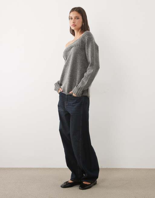 Threadbare slash neck knit off shoulder sweater in charcoal gray, 2 of 4