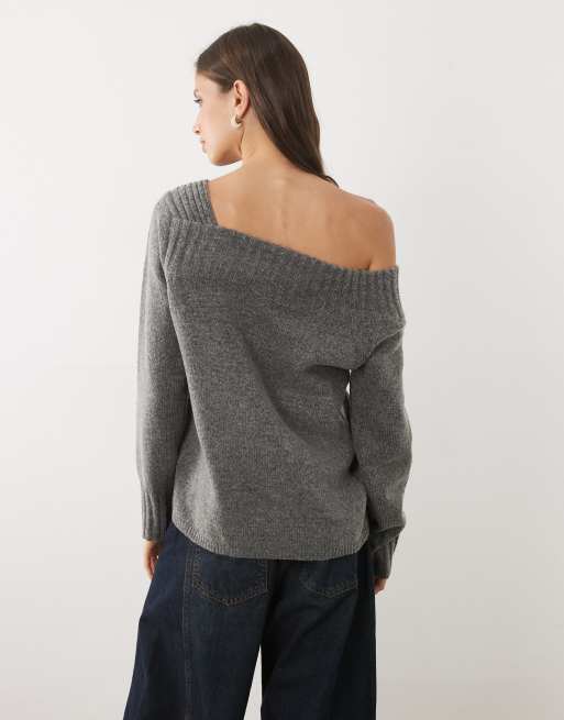 Threadbare slash neck knit off shoulder sweater in charcoal gray, 3 of 4