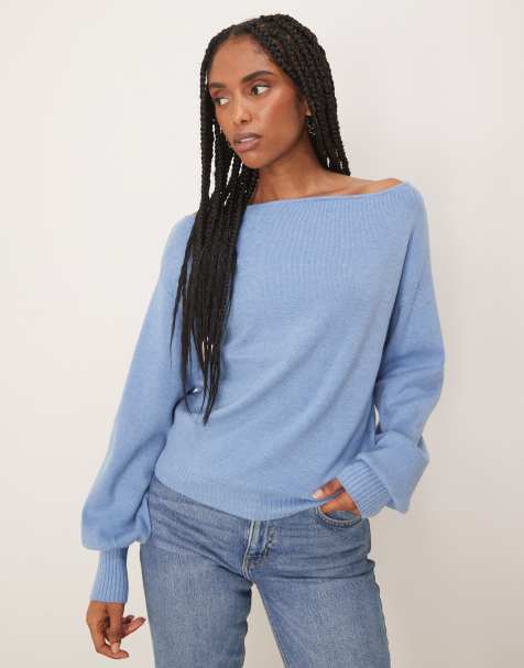 Threadbare Slash neck knitted jumper in blue - view 1