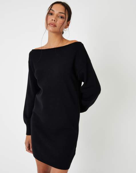 Threadbare Slash neck knitted mini dress in black