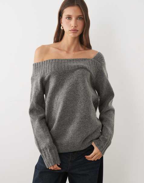 Threadbare slash neck knitted off shoulder jumper in charcoal grey - view 1
