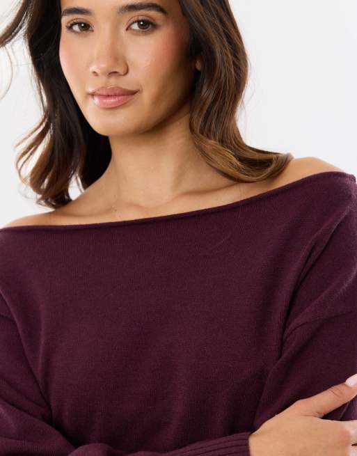 Threadbare Slash neck mini jumper dress in plum, 3 of 4