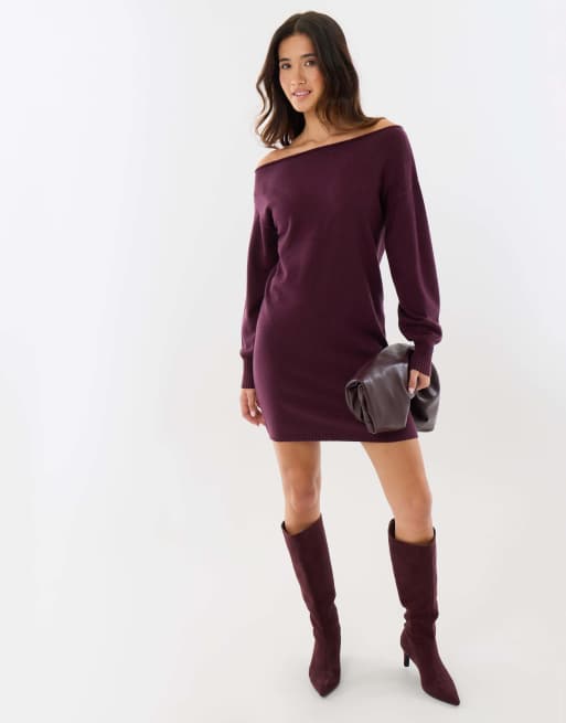 Threadbare Slash neck mini jumper dress in plum, 4 of 4