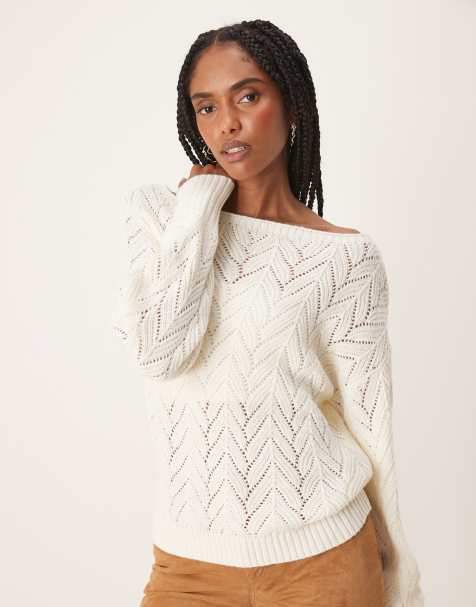 Threadbare Slash neck pointelle knit jumper in cream - view 1