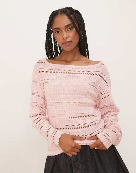 Threadbare Slash neck pointelle knit jumper in dusty pink