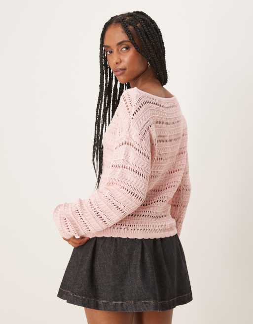 Threadbare Slash neck pointelle knit jumper in dusty pink, 2 of 4