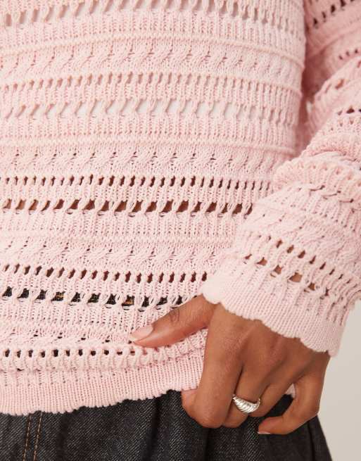 Threadbare Slash neck pointelle knit jumper in dusty pink, 3 of 4