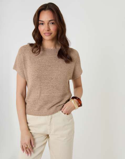 Threadbare Slash neck short sleeve jumper in taupe
