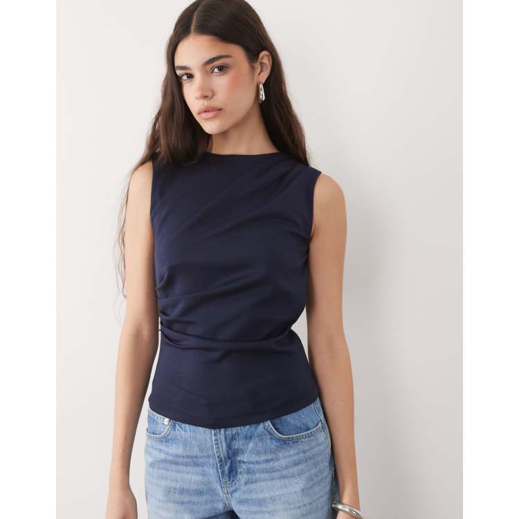 Threadbare sleeveless draped tank top in navy | ASOS