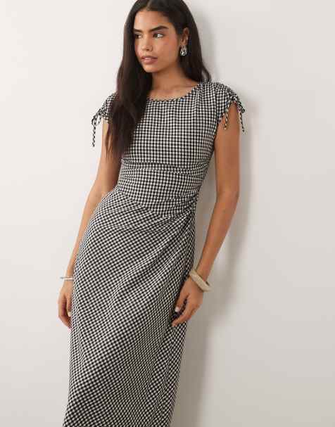 Threadbare sleeveless woven gingham dress with ruched detail in black & white - view 1