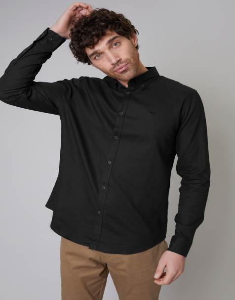 Threadbare Slim fit linen blend long sleeve shirt in black