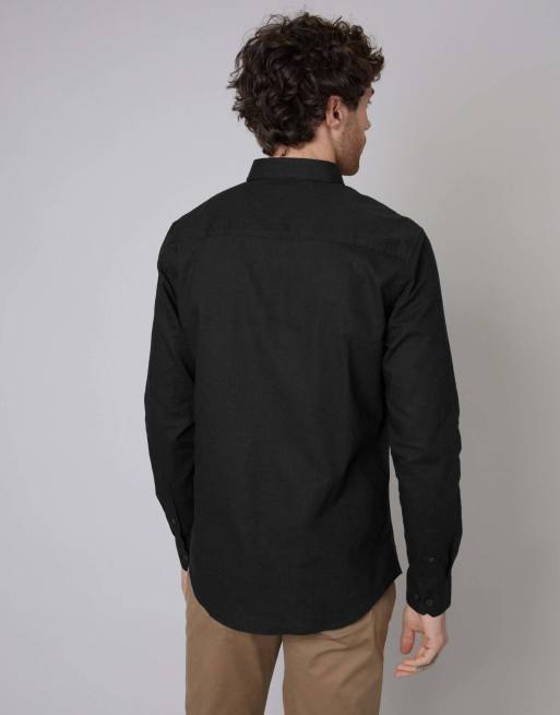 Threadbare Slim fit linen blend long sleeve shirt in black, 2 of 4