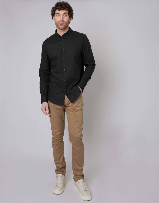 Threadbare Slim fit linen blend long sleeve shirt in black, 4 of 4