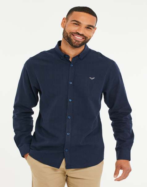 Threadbare Slim fit linen blend long sleeve shirt in navy - view 1