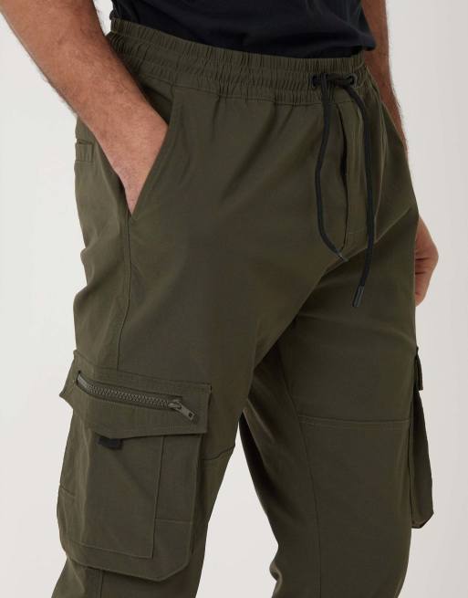Threadbare Slim fit stretch cargo trousers in khaki green, 3 of 5