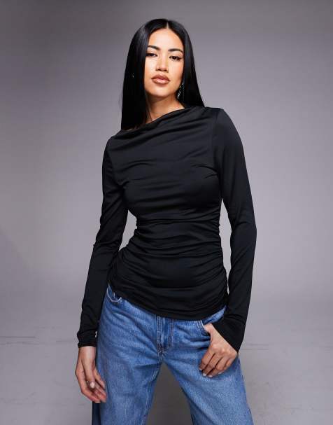  Threadbare slinky slash neck long sleeve top in black