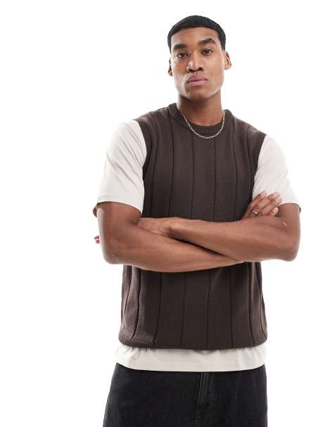 Threadbare - Smanicato girocollo in maglia marrone a coste - view 1