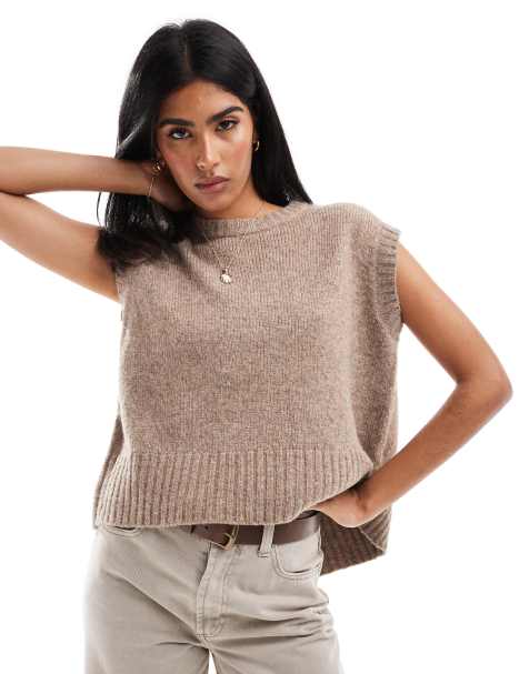 Threadbare - Smanicato girocollo in maglia marrone chiaro - view 1