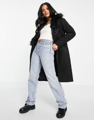 Threadbare Smoothie faux fur collar coat in black | ASOS