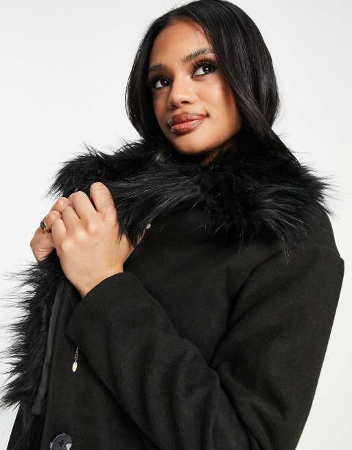 Threadbare Smoothie faux fur collar coat in black