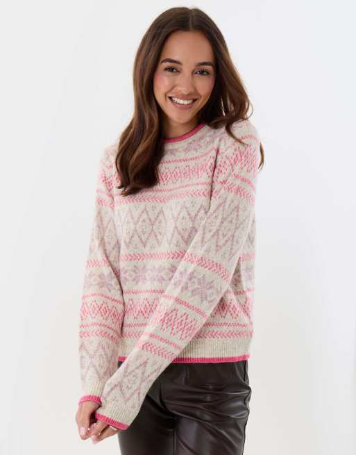 Threadbare Snowflake fairisle knitted christmas jumper in pink, 3 of 4