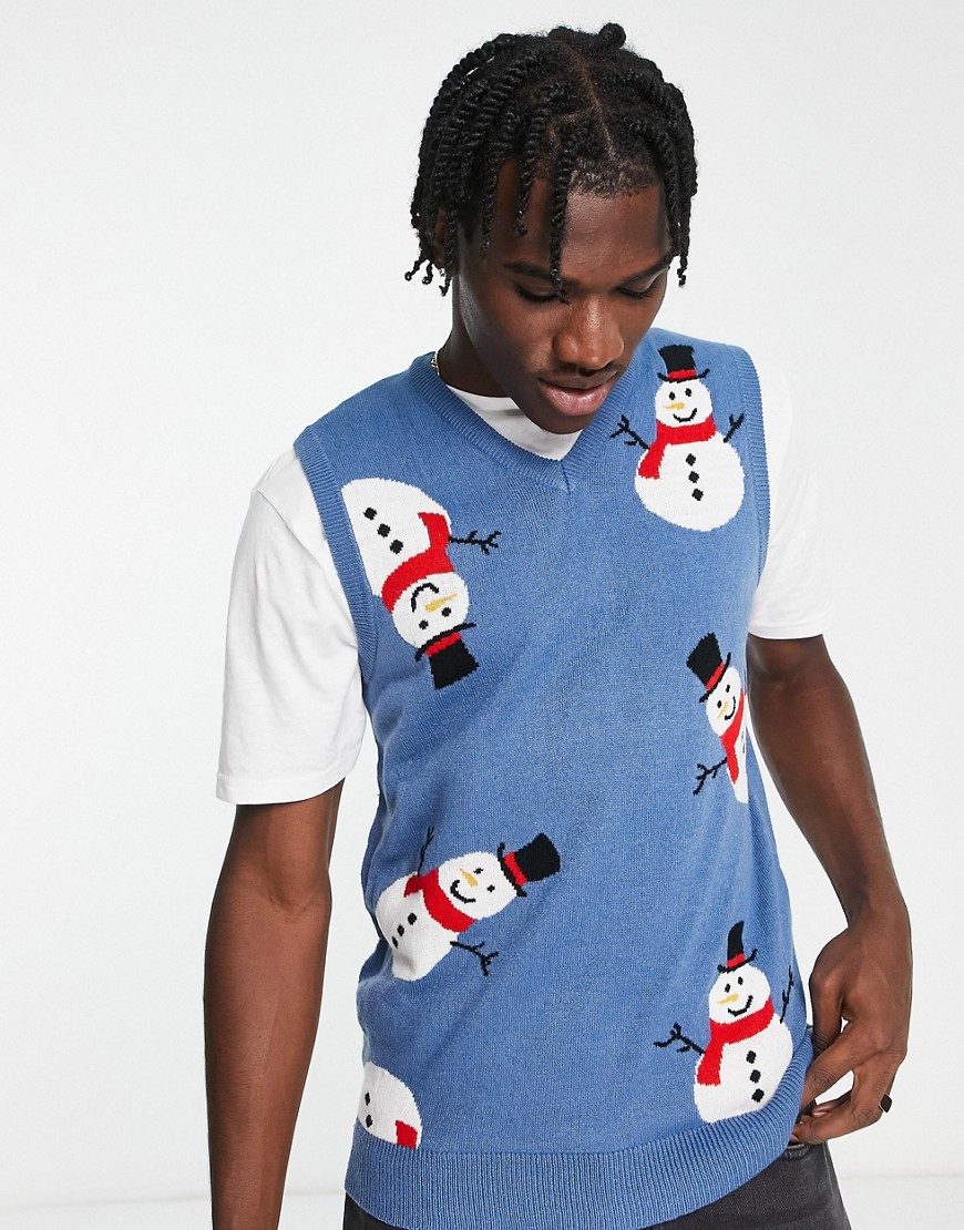 snowman Christmas sweater tank top in denim blue