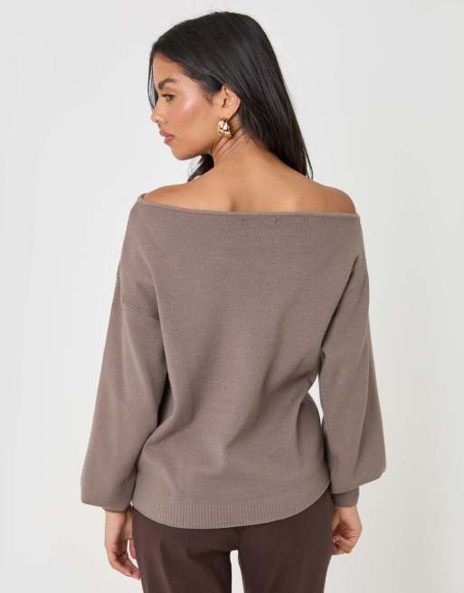 Threadbare Soft slash neck jumper in mocha brown, 2 of 4