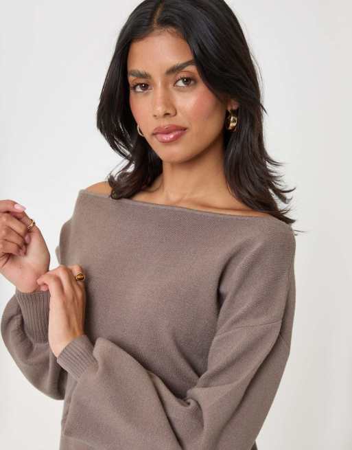 Threadbare Soft slash neck jumper in mocha brown, 3 of 4