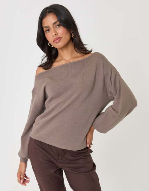 Threadbare Soft slash neck jumper in mocha brown, 4 of 4