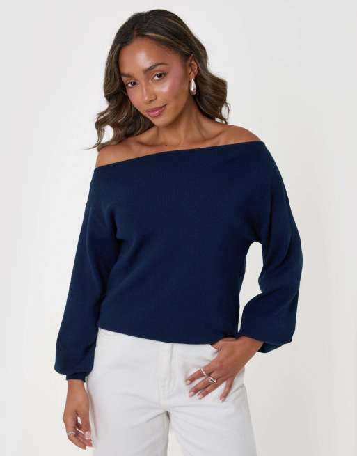 Threadbare Soft slash neck jumper in navy, 2 of 4